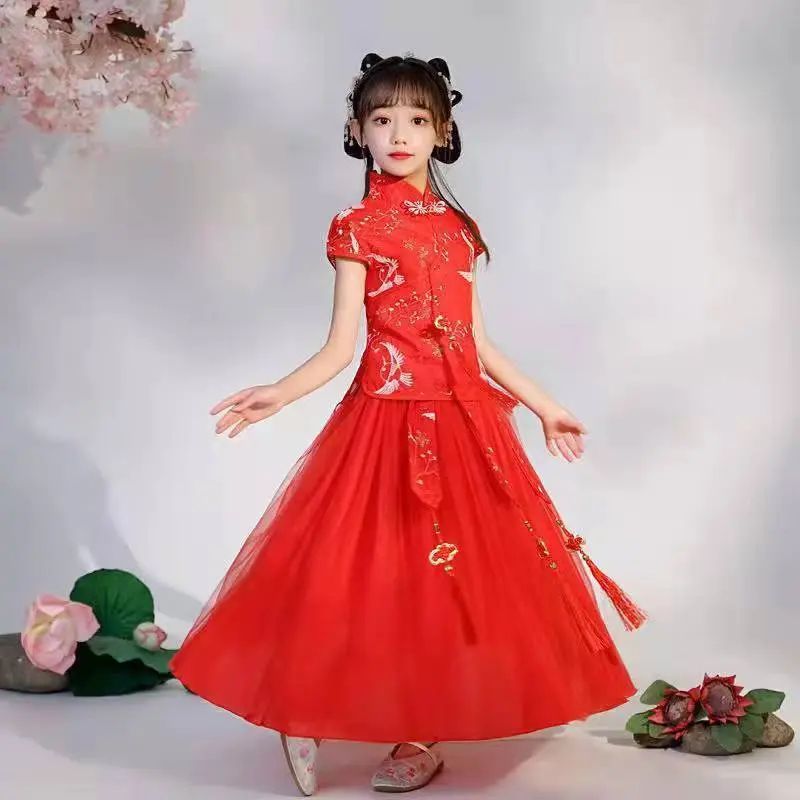 Hanfu [พร้อมสต็อก-จัดส่งที่รวดเร็ว] ชุดเด็กผู้หญิง hanfu ชุดเด็กสาวน้อยชุด Tang สไตล์จีนตะวันตกสุดสง่างามเจ้าหญิงสองชิ้นฤดูร้อนอื่น ๆ