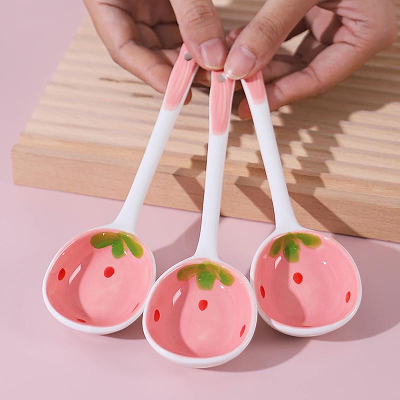 Product Introduction of 1Pc Cute Strawberry Ceramic Soup Spoon Ice Cream Hand Painted Coffee Dessert Long Handle Spoon Kitchen Tableware Accessories Cutlery Fruit 18