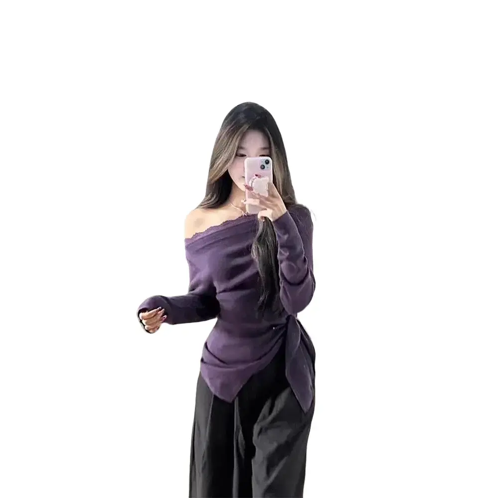 Áo Phông Vai Dài Tay Một Dây Màu Tím, Phong Cách Dễ Thương Và Gợi Cảm, Dành Cho Nữ, Hàng Mới Về Mùa Thu 2025, Eo Thon, Áo Cô Gái Nóng Bỏng Sang Trọng Women Top Sơ Mi Shirt