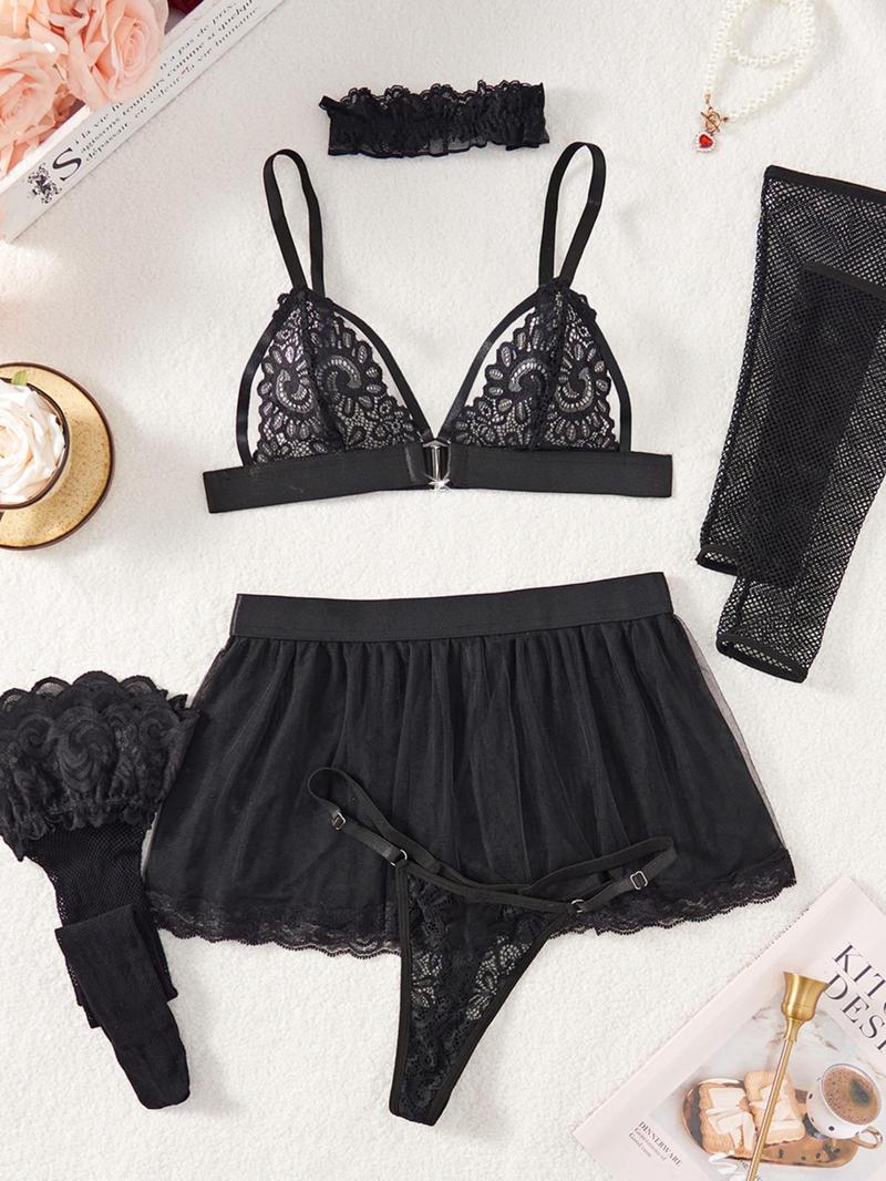 Product Introduction of Women's Floral Lace Sheer Sexy Lingerie Set, Adjustable Strap Ring Linked Bra & Thong & Skirt & Sleeves & Choker & Stockings, Lingerie Set for Women 11