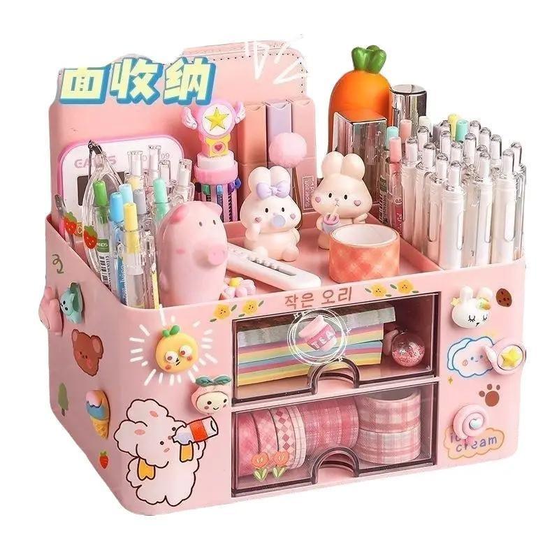 Hộp đựng bút để bàn học văn phòng phẩm 3 tầng có ngăn kéo - Tặng kèm sticker dán trang trí