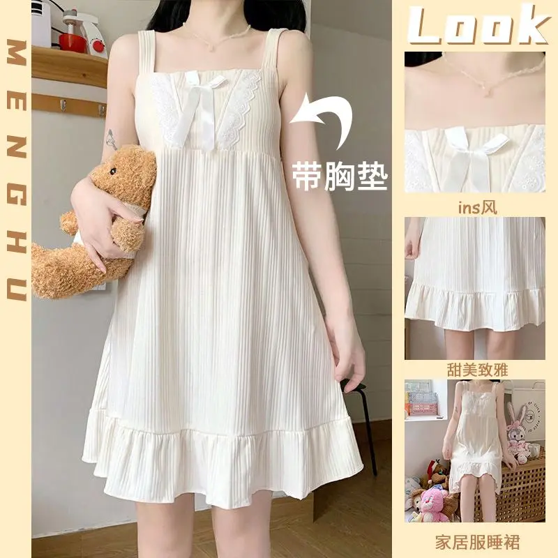 Váy Ngủ Nữ, Có Đệm Ngực, Dây Đeo Mùa Hè, Ngọt Ngào Và Dễ Thương, Viền Hoa Sen, Thích Hợp Cho Học Sinh, Váy Ngủ Dress Đầm Ngủ Women