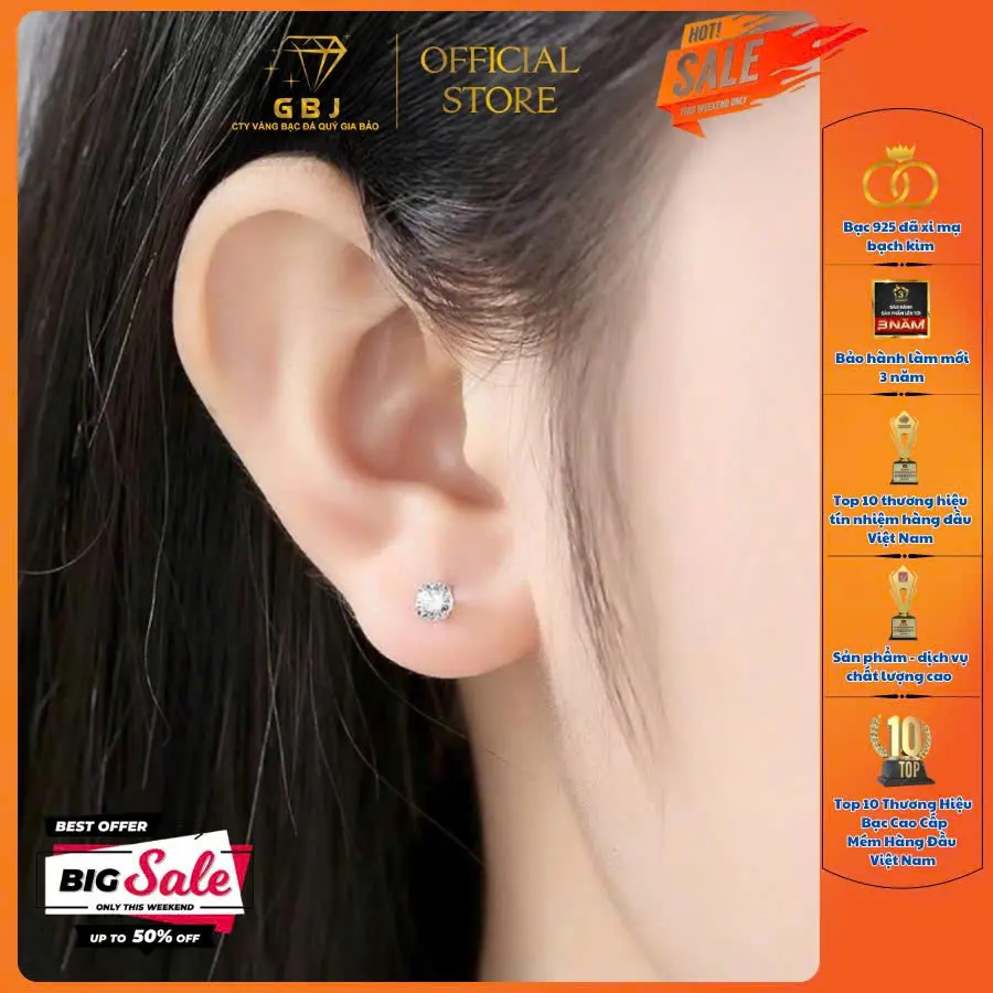 Hoa Tai Bạc 4 Chấu (chốt đẩy) XI KIM V.ỏ X.o.à.n 4Li Viên Chủ Moissanite Sang Trọng Phong Cách Unisex GBJ581