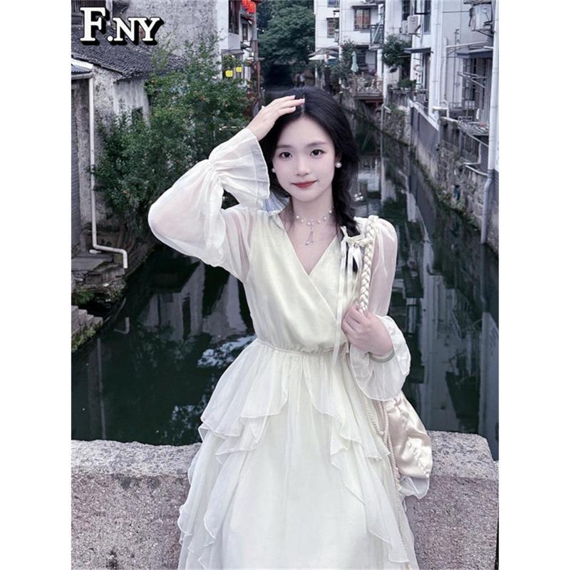 áo sơ mi tay phồng kèm váy Váy Katherine, Swlady, Màu Mơ, Dài Tay, Cổ Chữ V, Váy Eo, Dành Cho Nữ, Váy Công Chúa Dress Nhung 2