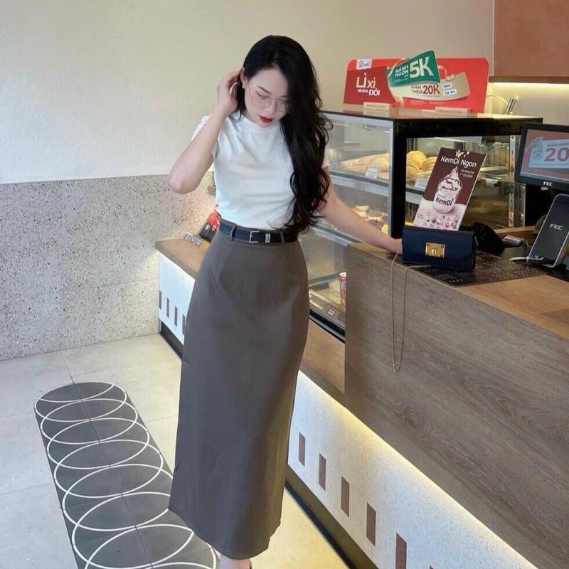 [TẶNG ĐAI]Chân váy dáng chữ A chiều dài 85cm có xẻ sau Chất Tuytsi chéo Hàn dày dặn, không nhăn, không bai, không xù, khoá sau. chân  váy chanvay  mididangdai thắt lưng