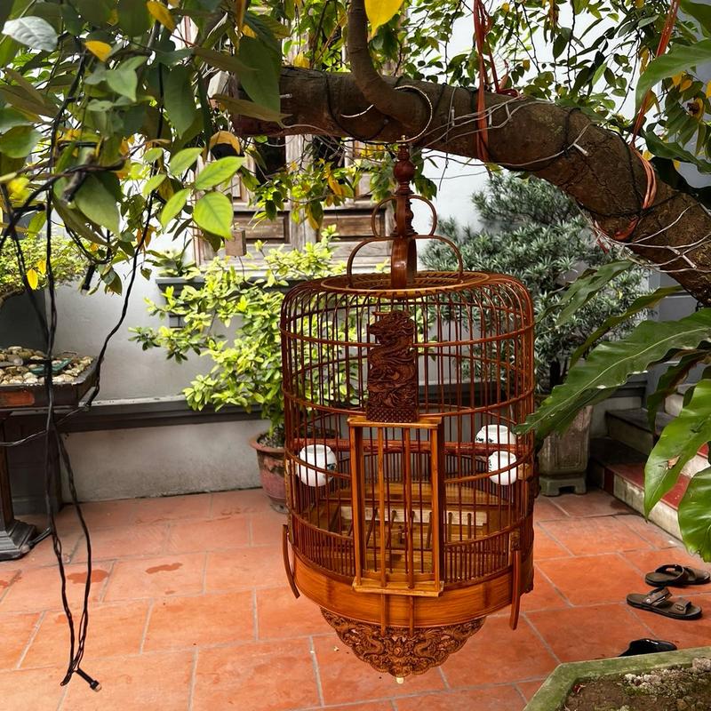 LỒNG CHIM HOẠ MI ĐỤC CẢNH NGÂU NHIÊN ( phụ kiện móc đồng+ cóng sứ+ áo+ cầu)