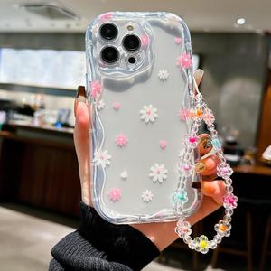 Funda para celular decorativa con flores y corazones, con cordón, cubierta protectora antigolpes, accesorios para celular compatibles con iPhone 11 12 13 14 15 Pro Max