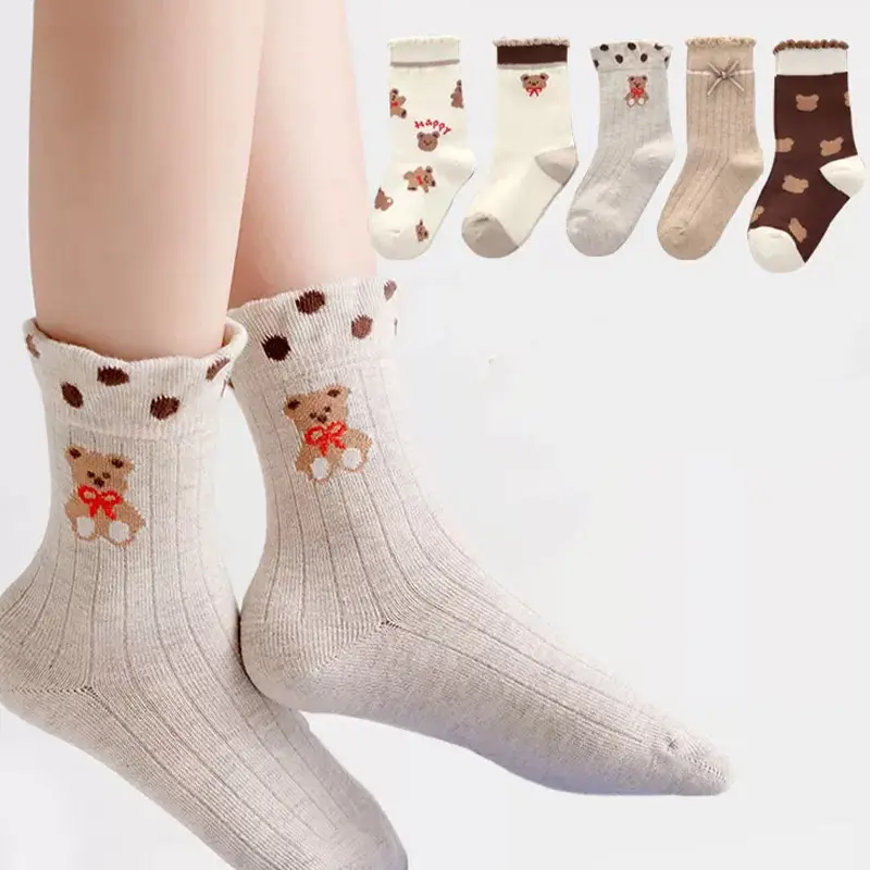 Tất Cotton Ấm Áp Cho Bé, 5 Đôi / lô, Gấu Hoạt Hình, Mùa Thu Đông, Cho Trẻ Mới Biết Đi, Bé Trai Và Bé Gái, Nơ In Hình Dễ Thương, Tất Ống Giữa Cho Trẻ Em 1