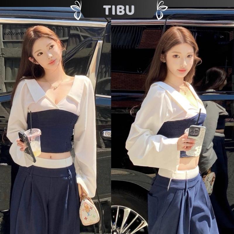 Set Áo SơMi Cổ V Tay Dài Phối Quần Dài Ống Rộng TIBU Set Đồ Nữ Đơn Giản Sang Chảnh Đi Chơi Đi Học B591