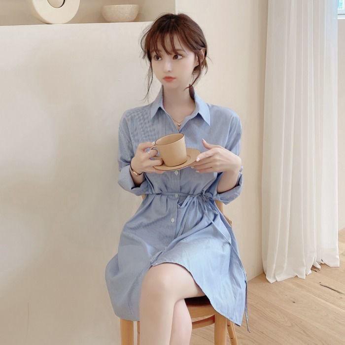 Product Introduction of Váy Sơ Mi Phong Cách Hàn Quốc, Thanh Lịch, Dành Cho Nữ, Hàng Mới Về Mùa Thu, Bó Sát Eo, Thiết Kế Độc Đáo, Có Dây Buộc, Thiết Kế Sọc, 2024 4