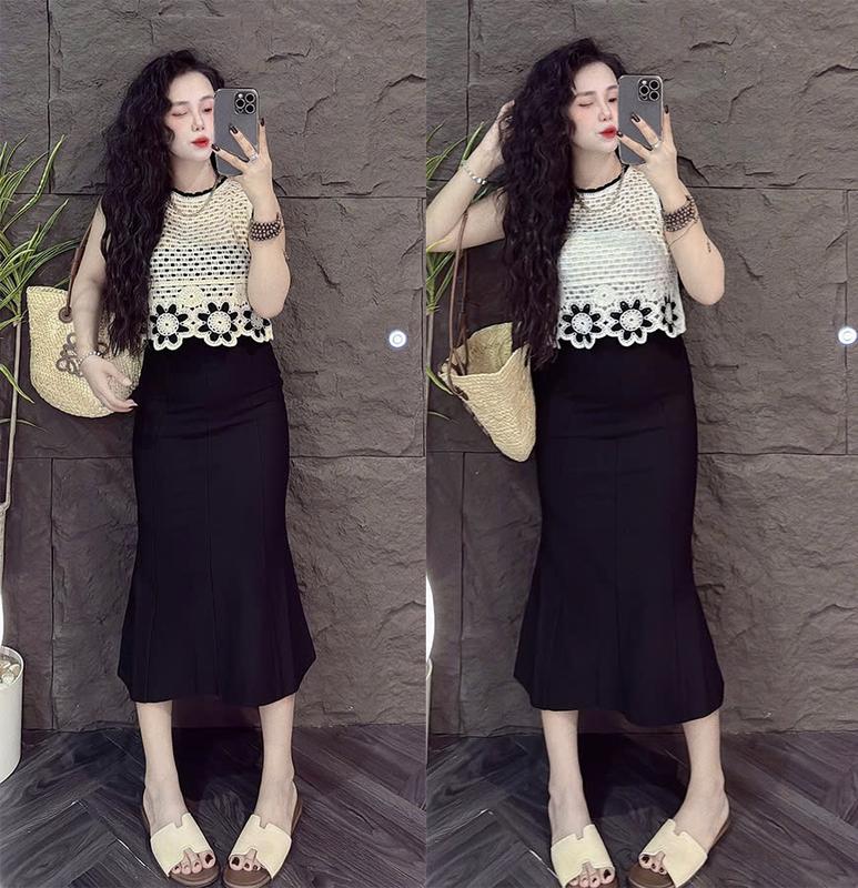 Bộ Áo Ren Sát Nách Thêu Hoa Kết Hợp Chân Váy Đuôi Cá N008