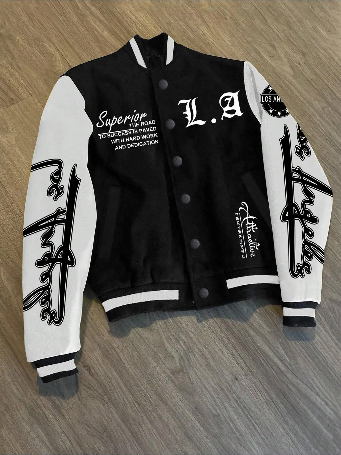 Men's Letter Print Baseball Collar Bomber Jacket, Regular Fit Casual Long Sleeve Button Front Outerwear for Fall & Winter, Men's Clothes for Daily Wear, Jackets for Men