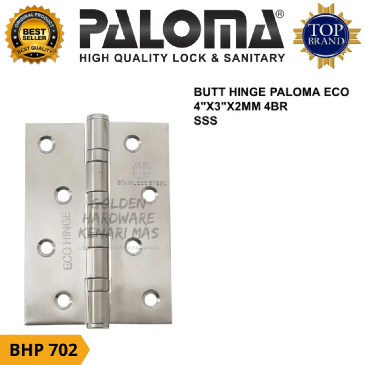 PALOMA BHP 702 ENGSEL KUPU KUPU PINTU JENDELA BUTT HINGE PALOMA ECO 4"X3"X2MM 4BR SATIN STAINLESS