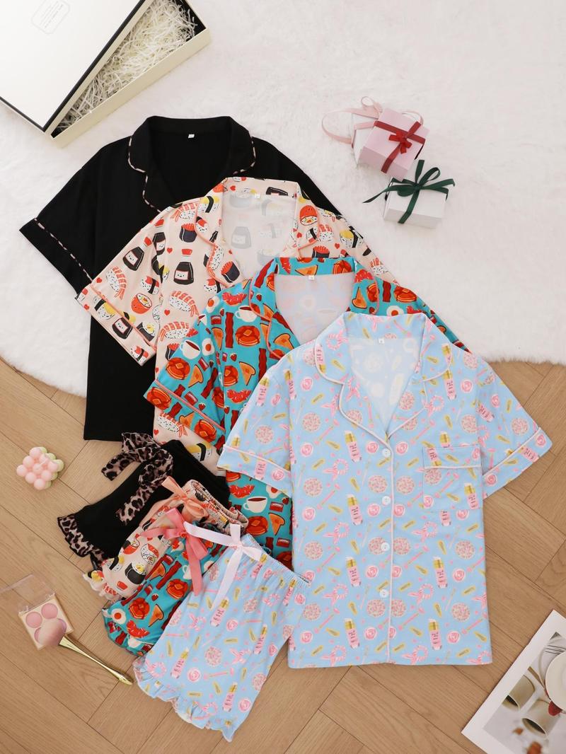 Product Introduction of Women's Leopard & All Over Print Button Pajama Set, Casual Comfy Short Sleeve Top & Shorts Pj Set, Ladies Summer Sleepwear 5