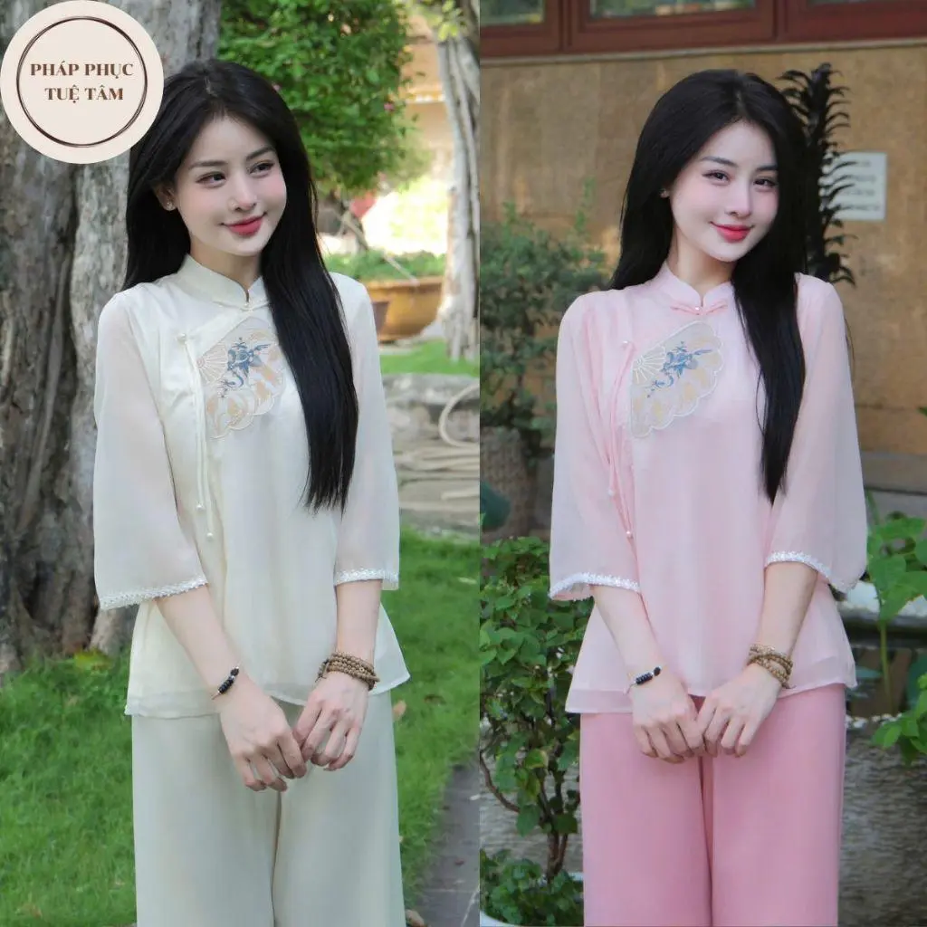 Đồ lam đi chùa thêu quạt chất liệu vải voan tơ 2 lớp thiết kế thanh lịch sang chảnh - Pháp Phục Tuệ Tâm Nữ Áo Nữ Áo Nữ Áo