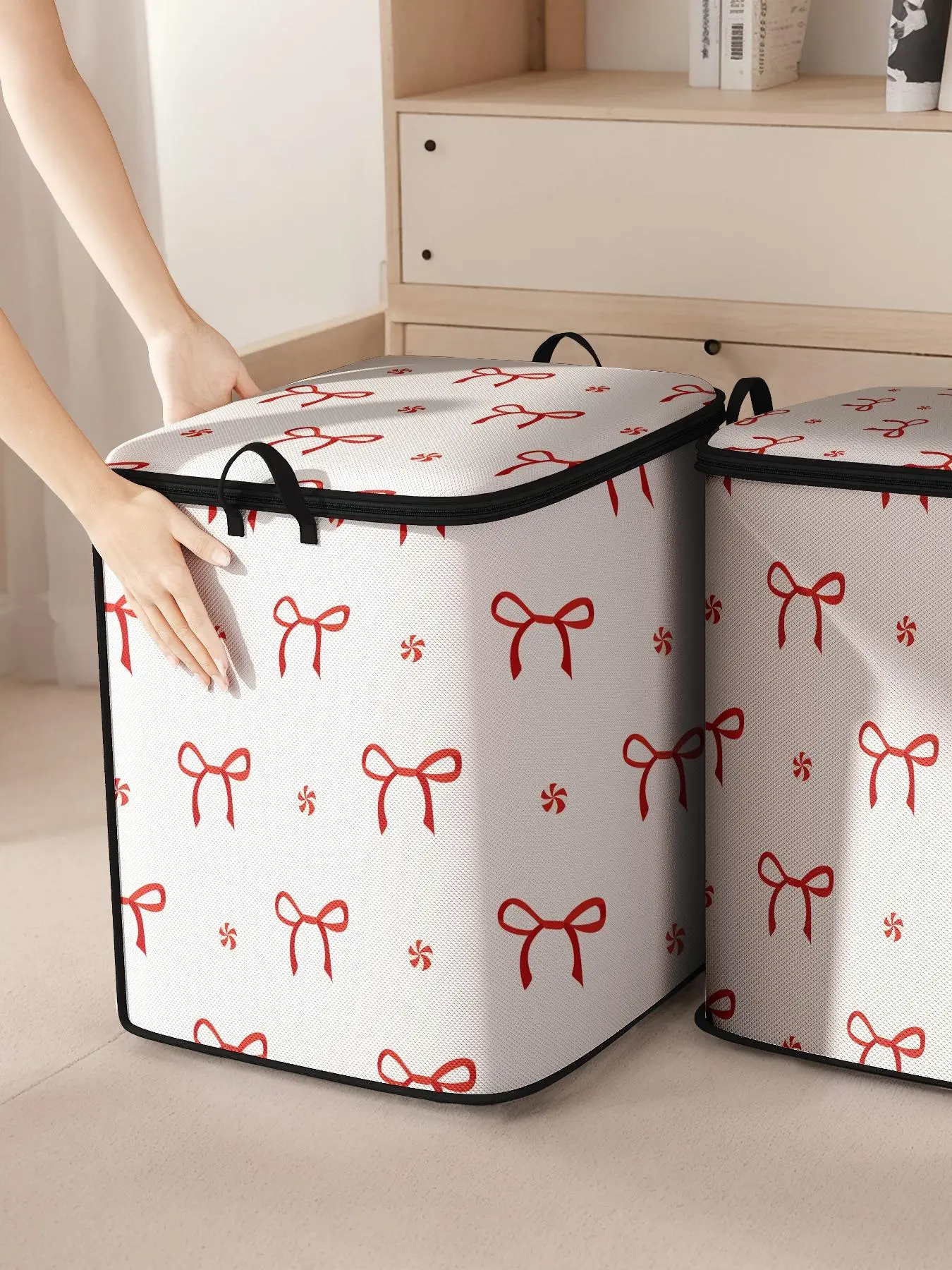 Bow Pattern Clothes Storage Bag, Large Capacity Clothes Storage Organizer, Collapsible Clothes Storage Bag with Strong Zipper for Home Bedroom