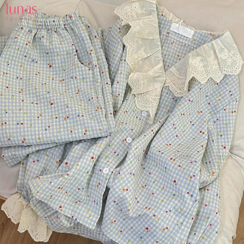 Bộ Đồ Ngủ Ren Cổ Chữ V, Phong Cách Nhật Bản, Dành Cho Nữ, Bộ Sưu Tập Mùa Xuân Và Mùa Thu, Áo Cardigan Kẻ Sọc Kẻ Sọc Mới Với Chấm Bi, Bộ Đồ Mặc Nhà Thường Ngày Thích Hợp Cho Mùa Đông