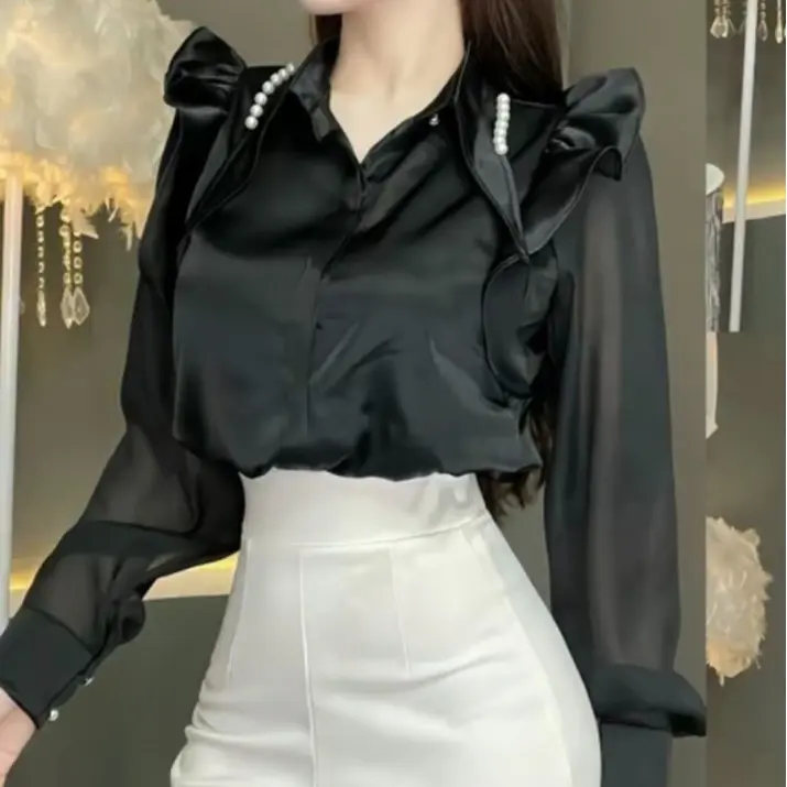 Sơ mi lụa ngọc trai tay  phối voan cổ vạt nhọn Đính hạt trai thiết kế vai cánh tiên  xinh Mã 2445 Top Áo Shirt