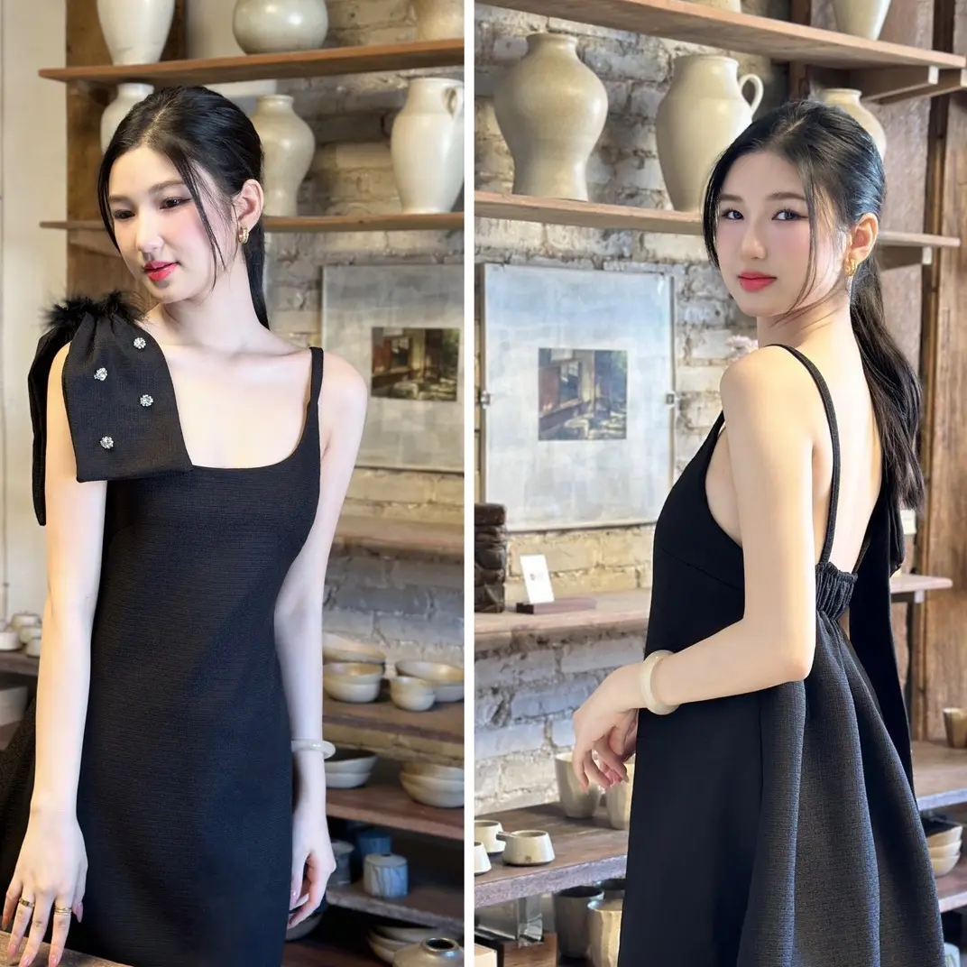 [FREESZ eo co giãn dưới 70] Donna dress - Đầm babydoll dạ hai dây tiểu thư sang trọng đính đá Nữ