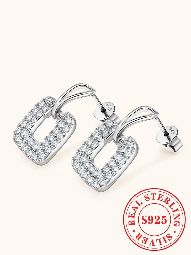 Product Introduction of S925 Sterling Silver Fashion Square Shaped Earrings, 2024 New Style Synthetic Moissanite Decorated Earrings, Trendy All-match & Exquisite Jewelry for Birthday Gift 3
