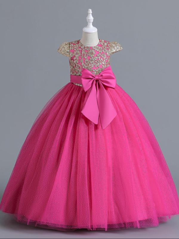 Girl's Floral Embroidery Contrast Sequin Big Bow Puff Sleeve Party Satin Dress, Kids Clothes 6