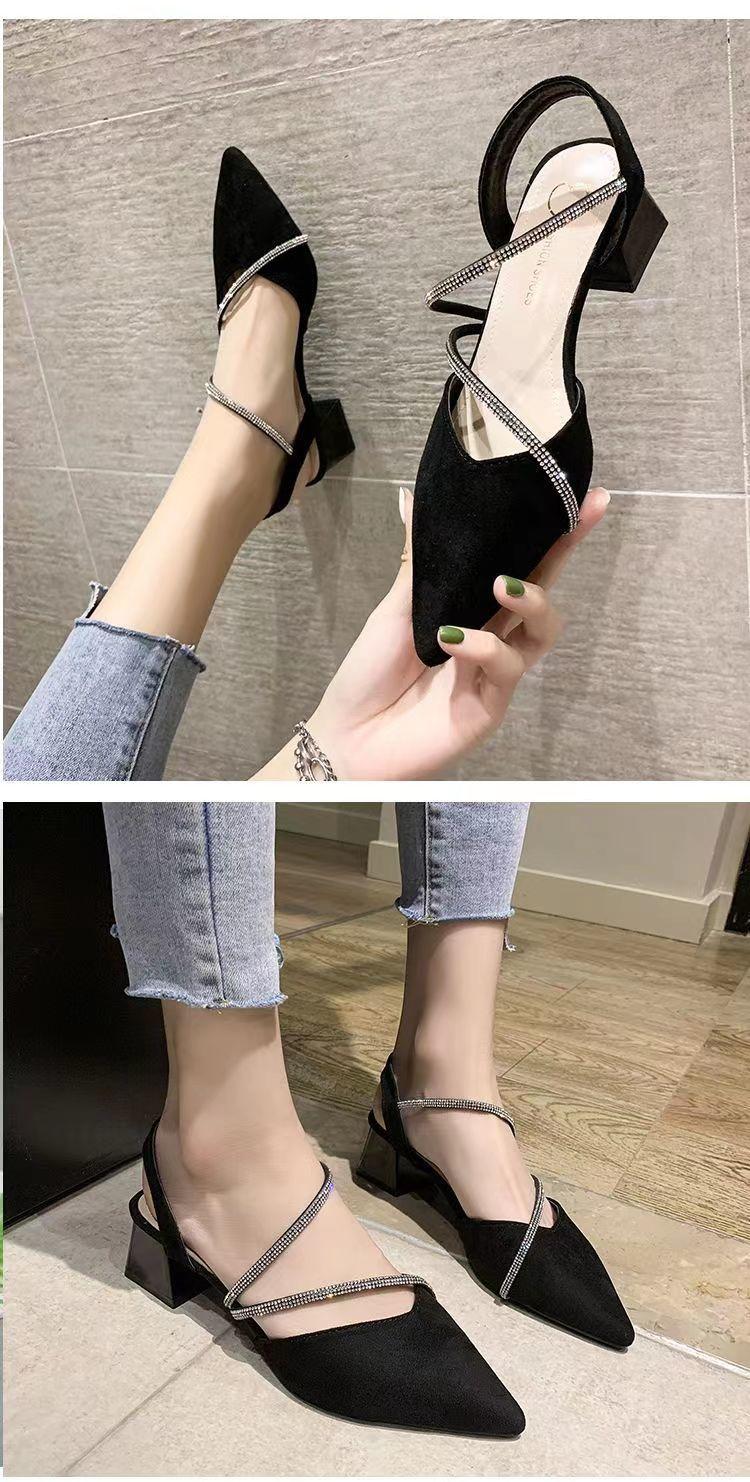 Product Introduction of Women's Sandals Summer Mid Heel Pointed Toe Pumps Closed Toe Chunky Heel Rhinestone Women's Shoes Word Buckle High Heels 12