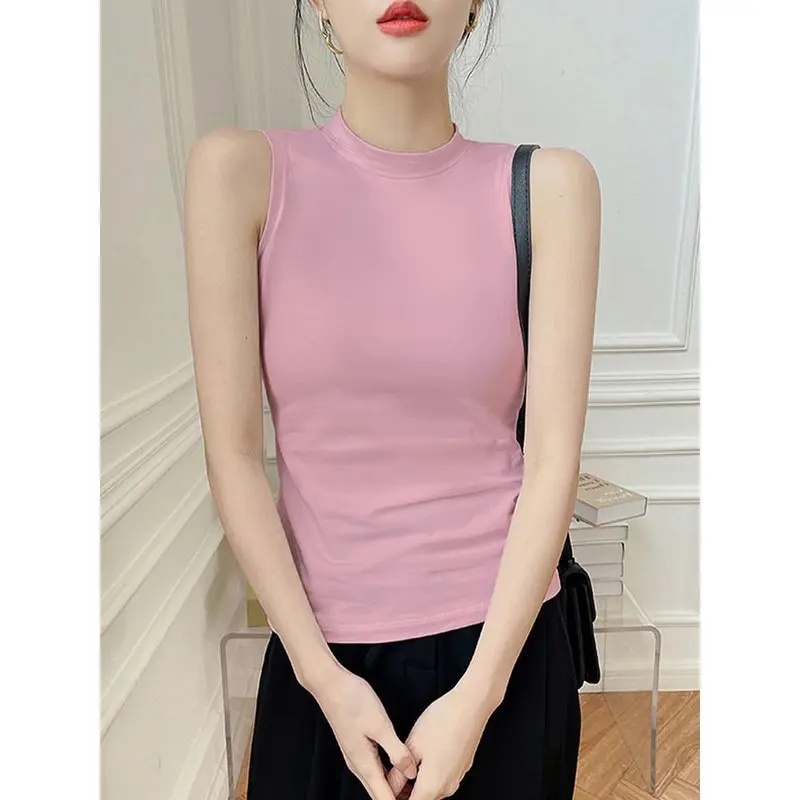 Áo Yếm Cổ Lọ Nửa, Dành Cho Nữ, Hàng Mới Về Mùa Thu 2024, Màu Trơn Áo Mặc Bên Ngoài, Ôm Vừa Vặn, Ngực Siêu Dáng Ôm, Có Thể Mặc Bên Trong, Áo Không Tay Top Women Cổ Tròn Tua Rua Umi Denim 3