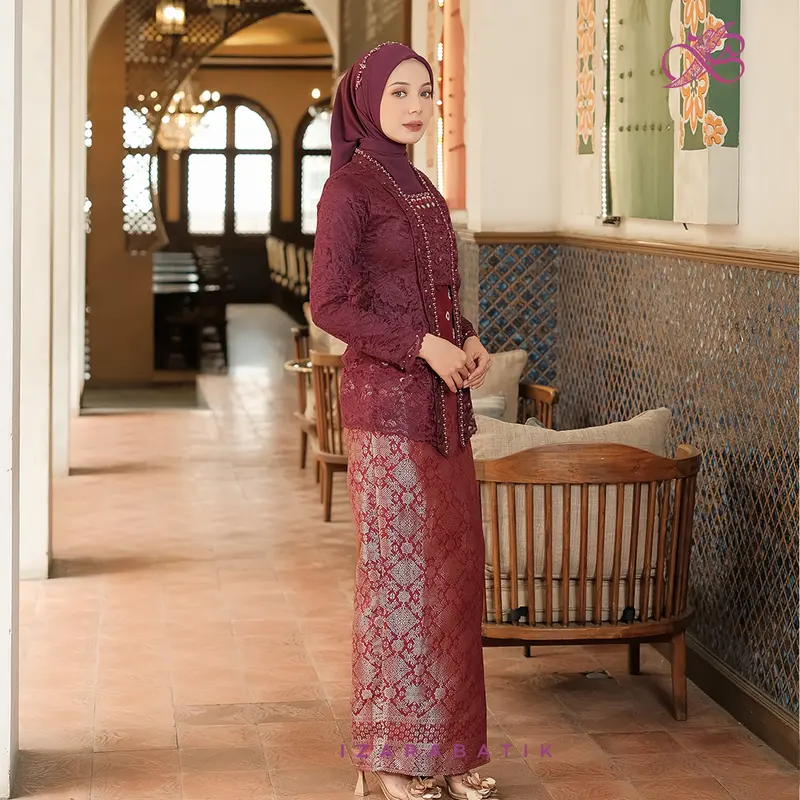 New Laksmi Burgundy - Setelan Baju Kebaya Wanita Songket Brokat Payet Modern Couple Wisuda Lamaran Kondangan Aesthetic [izarabatik] 3