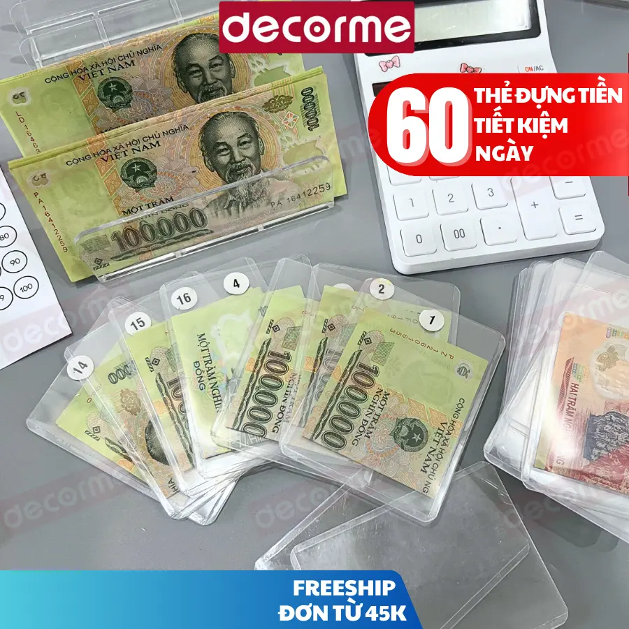 Thẻ đựng tiền tiết kiệm 60 ngày thử thách, đựng tiền theo từng ngày trong suốt Decorme Ống Heo Ống Tiết Kiệm