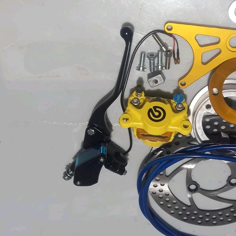 Combo phanh sau xe điện bao gồm heo, đĩa, đệm, pat heo và dây dầu, tặng kèm 5 long đen, 2 ốc heo và 3 ốc đĩa tay phanh bình dầu liền