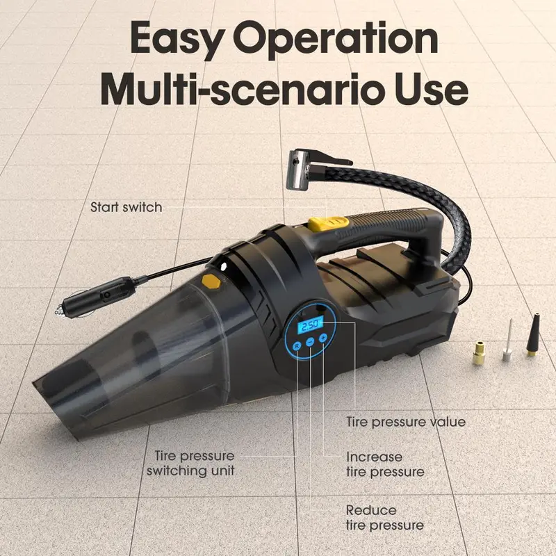 4 in 1 Car Vacuum Cleaner, Car Digital Display Cleaning Blower, Car Air Pump, Car Tire Inflator, Multifunctional Car Cleaning Tool 5