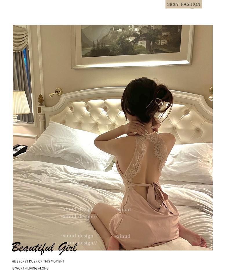Product Introduction of Sexy lingerie deep V lace backless satin women's home clothes suspenders pajamas nightdress Loungewear Nightwear night  dress Womenswear Homewear victoria s 8