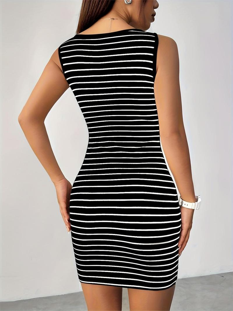 Product Introduction of Women's Striped Print Button Front Tank Dress, Casual Sleeveless Square Neck Bodycon Dress for Spring & Fall, Women's Clothing for Daily Wear 5