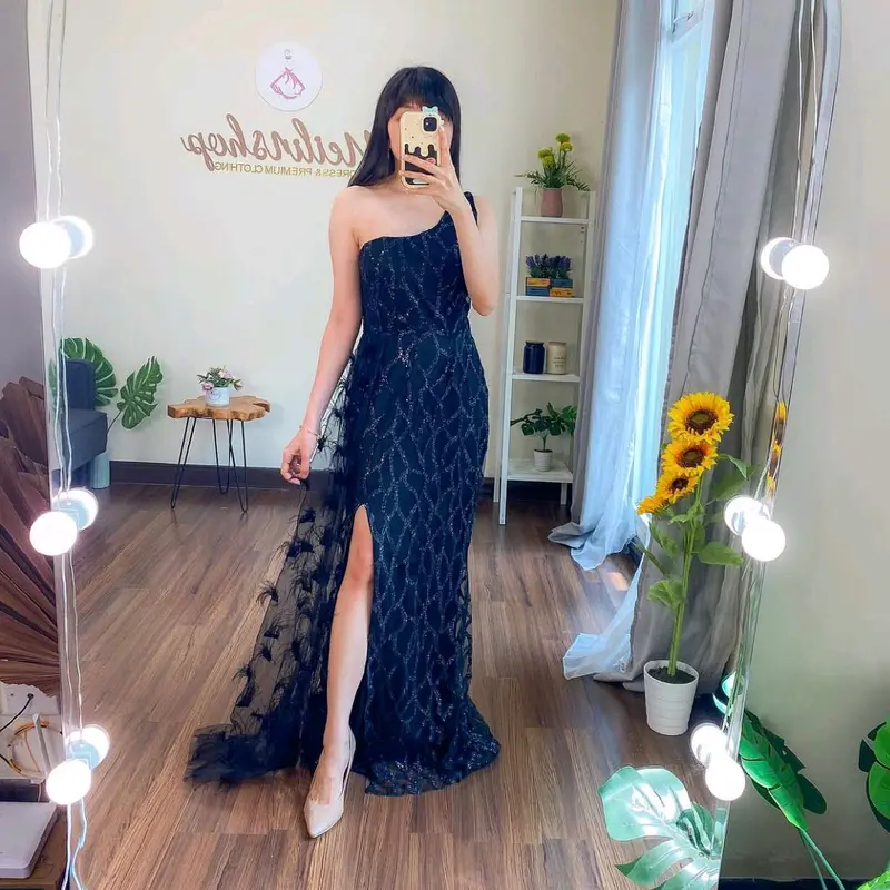Lace Fur Glitter One Shoulder Dress Wanita Evening Formal 1