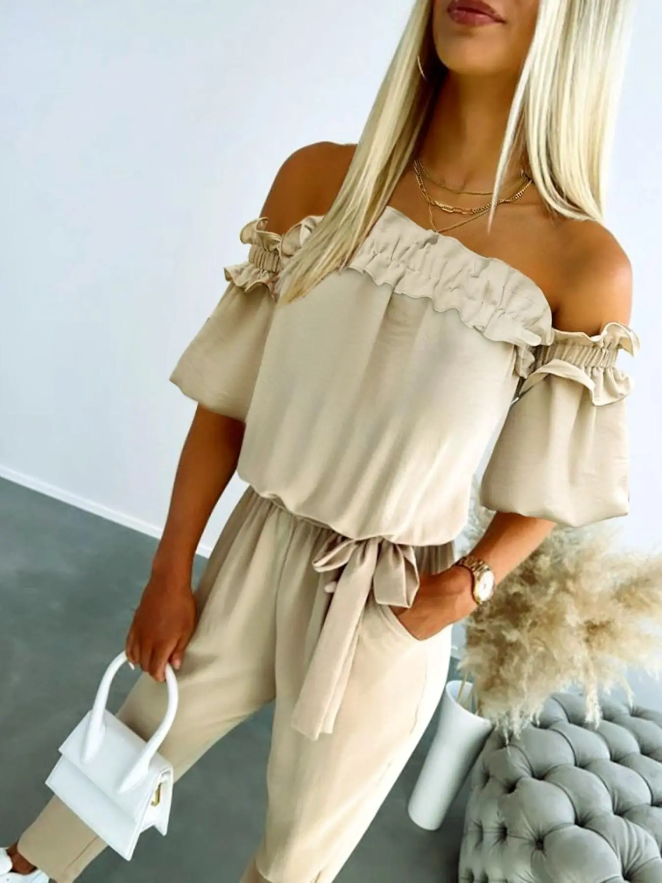 Women's Off Shoulder Belted Jumpsuit, Casual Modern Modesty Frill Trim Pocket Jumpsuit for Summer, Fashion Women's Clothes for Daily Wear
