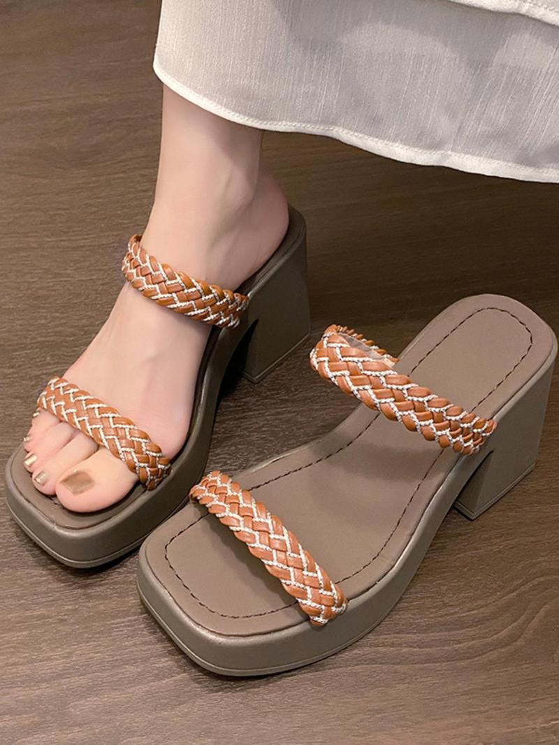 Product Introduction of Women's Fashionable Plain Color Braid Design Slides, Casual Comfortable Square Toe Slippers for Summer, Lightweight Breathable Shoes for Daily Wear, Girl 1