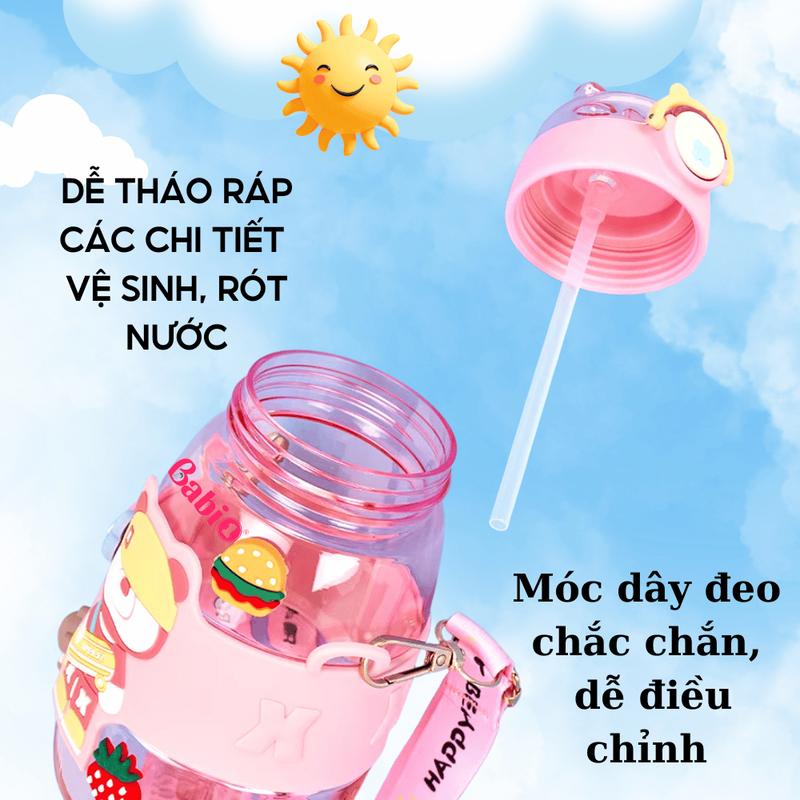 Bình Nước Cho Bé Babi1 Bình Uống Nước 600ml Cho Bé Đi Học Có Quai Đeo Tặng Kèm Sticker Dễ Thương 4