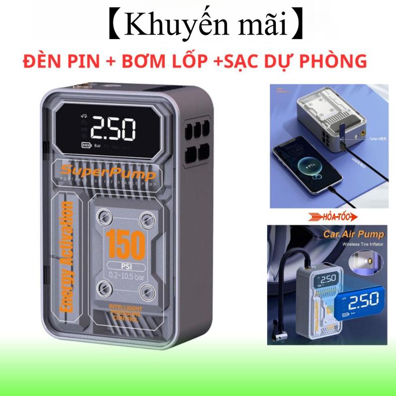 【2025 SALE MẠNH Máy bơm lốp xe , máy bơm hơi điện tử không dây 3 chức năng bơm hơi , sạc dự phòng ,đèn pin