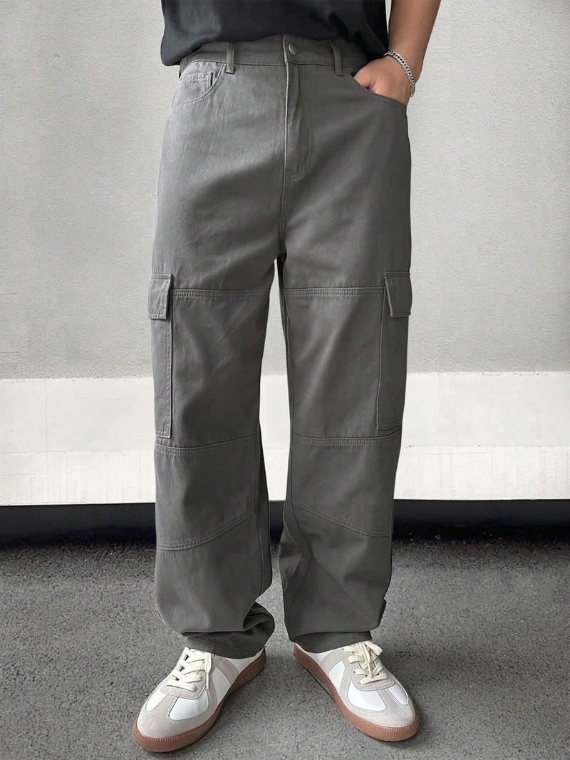 Product Introduction of Men's Solid Flap Pocket Cargo Pants, Regular Fit Casual Street Fashion Comfy Trousers for Daily Wear, Men's Bottoms for All Seasons 4