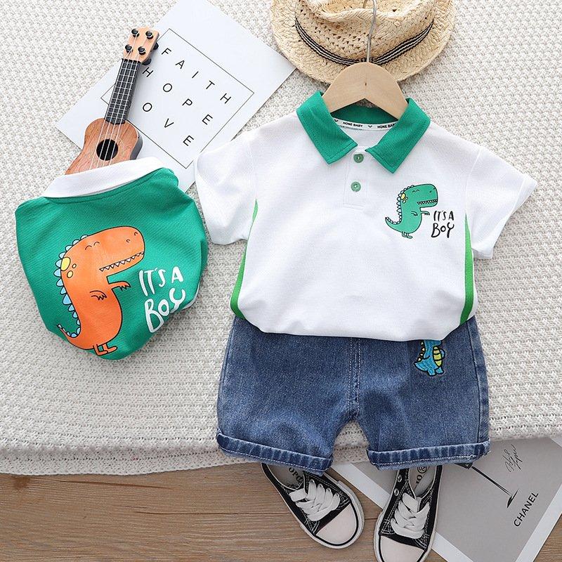 Bộ hè áo polo chữ It's a boy chất thông hơi kèm quần jean xanh họa tiết khủng long cho bé size 9-20kg, quần áo trẻ em