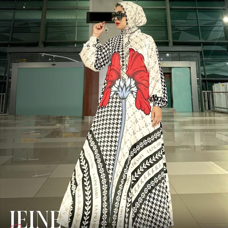 Jeine Series (free scarf) silk digital printing Sutra by La palamba Gamis Karet Muslim Satin Pesta Dress 1