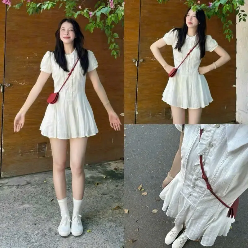 Set váy Sơ Mi Trắng Tay Bồng Phối Ren Bèo Cúc Xinh Dáng Xòe Chiết Eo + Quần Bảo Hộ Women - Me0WStore