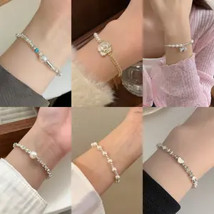 Narala - Bracelet Gelang Wanita Korea Aesthetic Silver Aksen Bead Mutiara Terbaru Kekinian [E5-4]