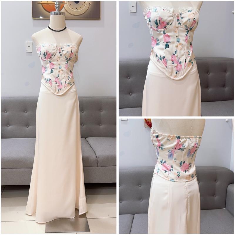 ( Ảnh thật ) Set áo croset in nhiệt hoa 5D phối chân váy lụa Tô châu cao cấp quyến rũ Dress Nữ Ren Women Bo Chun Voan 1