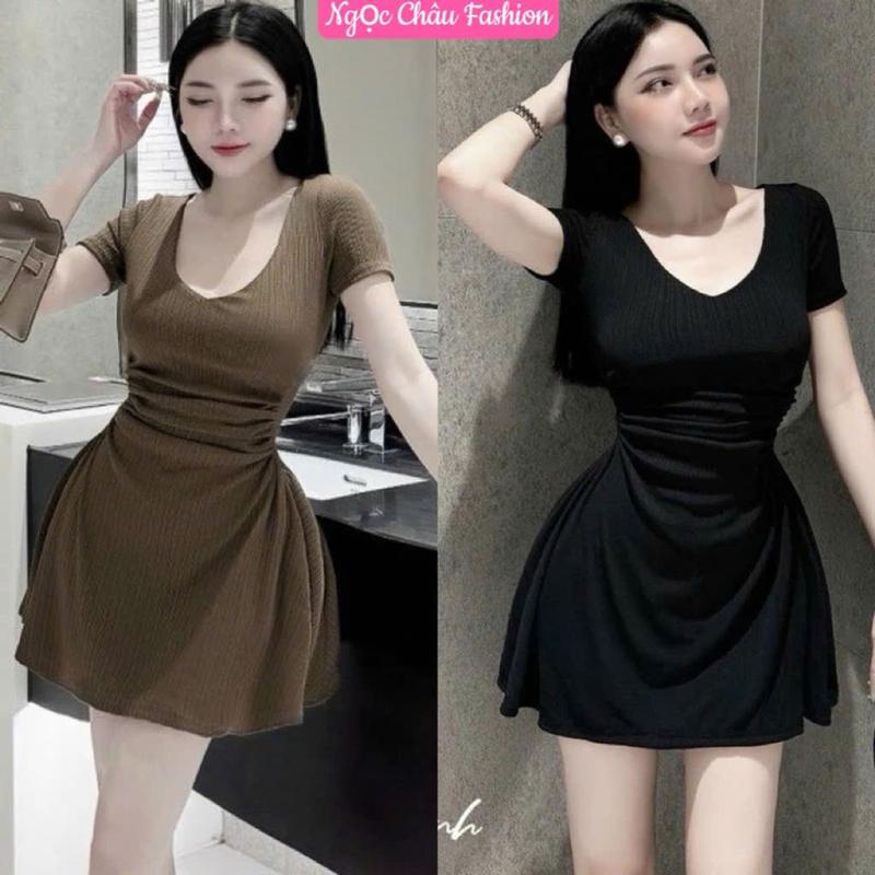 [Dưới 53kg] Set đầm cổ V tay ngắn dúm eo siêu xᶖnh [kèm quần bảo hộ] chất gân đũa QC dày đẹp