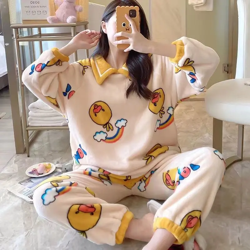 Bộ Đồ Ngủ Nữ, Mùa Thu Và Mùa Đông, Làm Bằng Lông Cừu San Hô, Dày Dặn, Thiết Kế Hoạt Hình Dễ Thương, Thích Hợp Cho Học Sinh, Chất Liệu vải nỉ Phong Cách Công Chúa, Bộ Đồ Mặc Nhà Mùa Đông Áo 1
