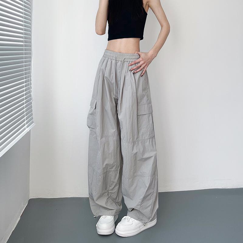 Quần Gió Nhăn Cạp Chun Quần Ống Rộng Nữ Thời Trang Có Dây Rút Gấu Có Thể Mặc Như Quần Jogger