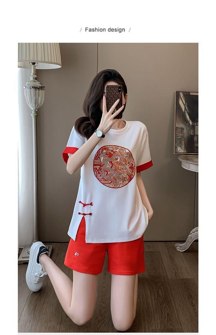 Product Introduction of New Chinese Casual Graceful Fashionable Set Women's Summer Short Sleeve Shorts Red Chinese Style Sports Popular Two-Piece Set 15