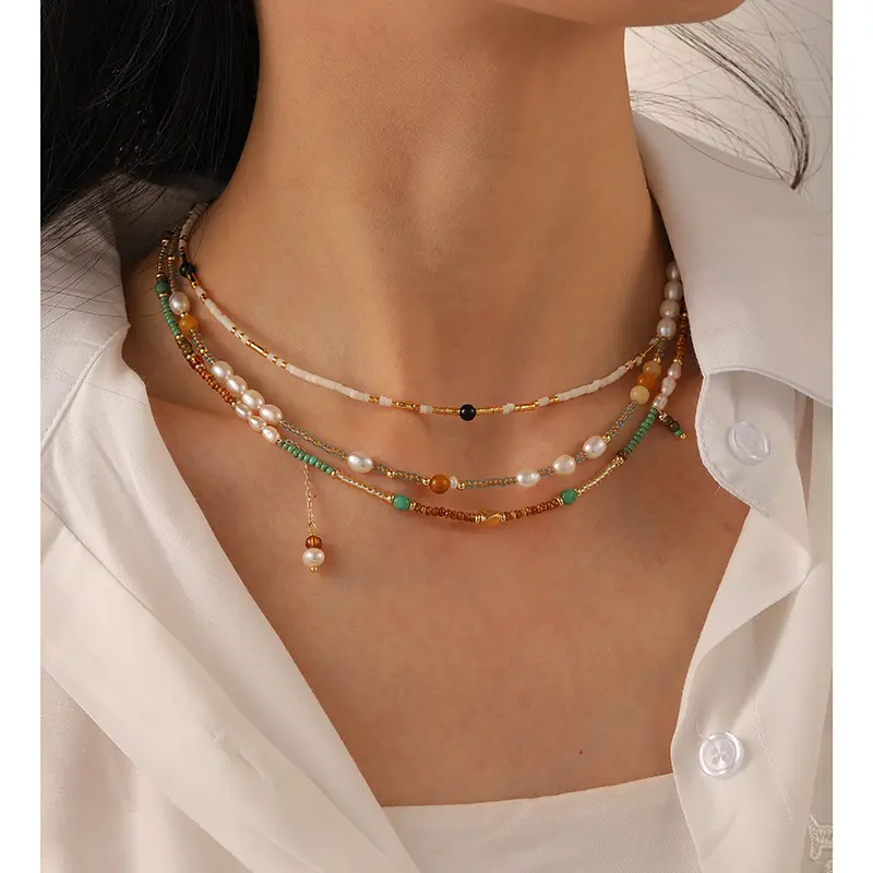 New Niche Twin Small Rice-Shaped Beads Colorful Beaded Necklace Versatility, Fashion and Personality Freshwater Pearl Starry Sky Necklace