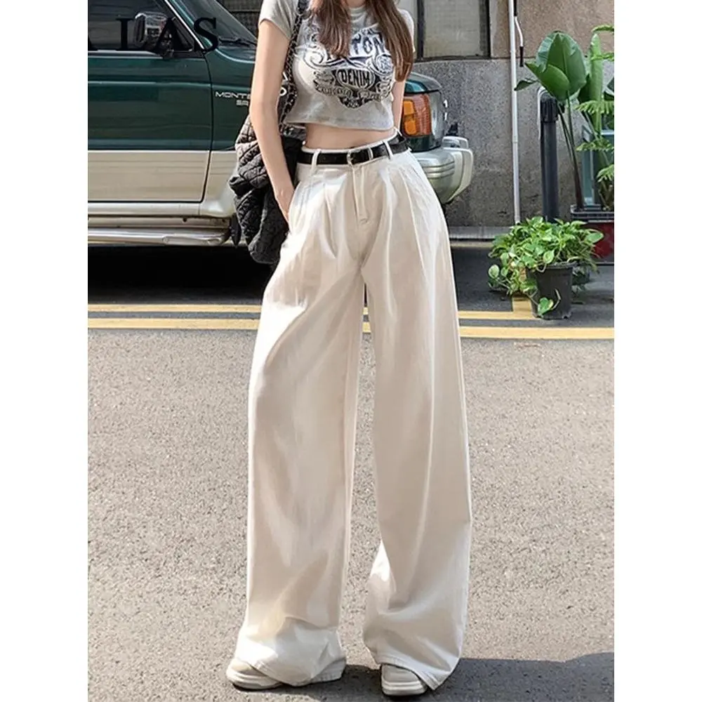 Quần Jean Ống Rộng Màu Trắng, Phong Cách Mỹ, Dành Cho Nữ, Trang Phục Mùa Hè, Cạp Cao, Bó Sát, Dáng Rộng Vừa Vặn, Xếp Ly, Chui Đầu Lười Biếng, Quần Ống Thẳng, Hàng Mới Về Năm áo khoác nữ 2025 mẫu mới Women Lưng Cao Pantsquần jeans nữquần jean trắng